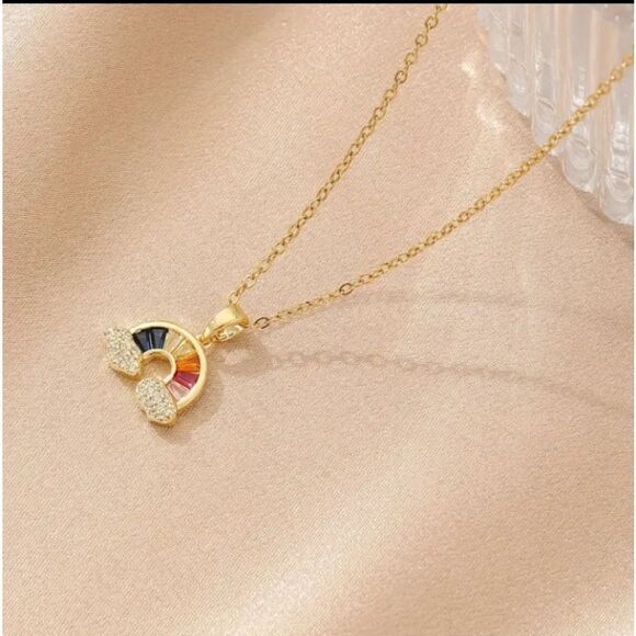 18K Gold Plates Diamond Rainbow & Clouds Necklace - Picture 4 of 4